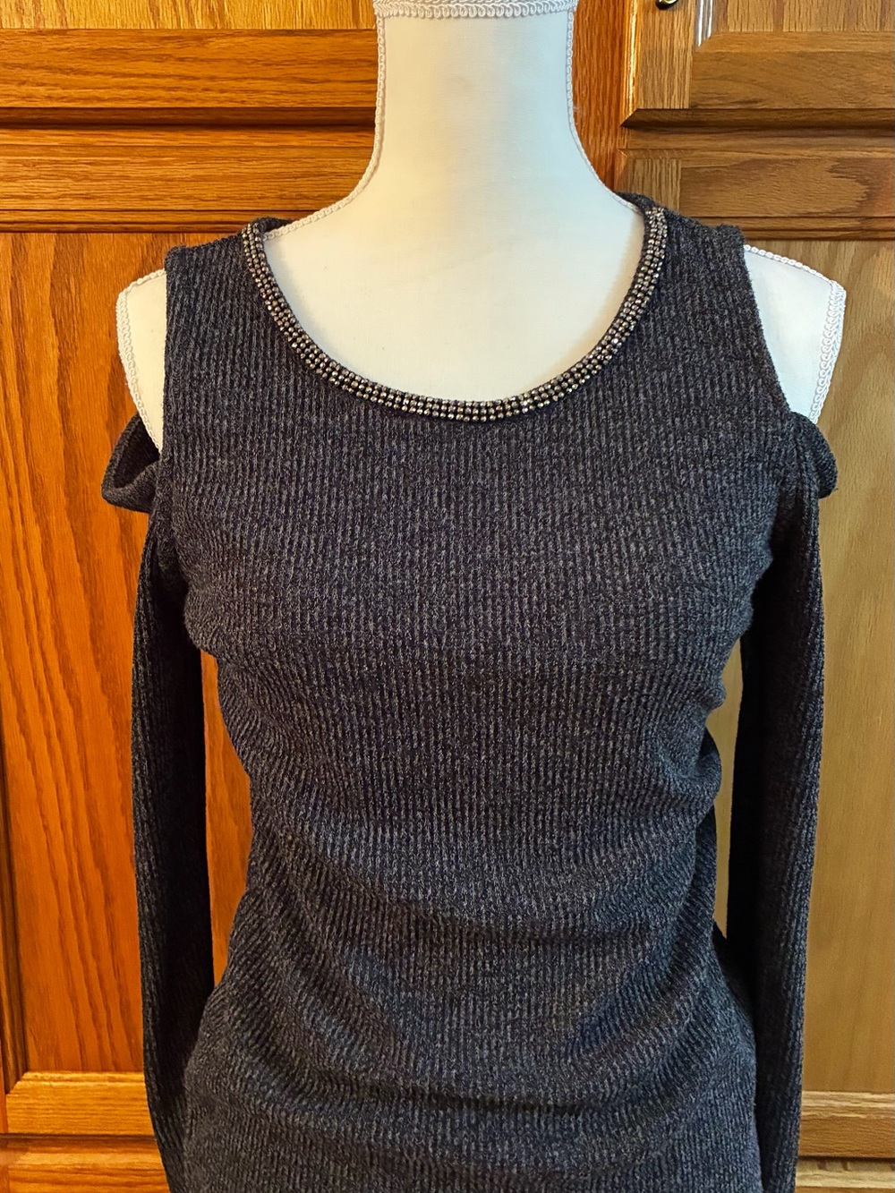 Juicy Couture Dark Gray Cold-Shoulder Ribbed Sweater with Rhinestone Neckline